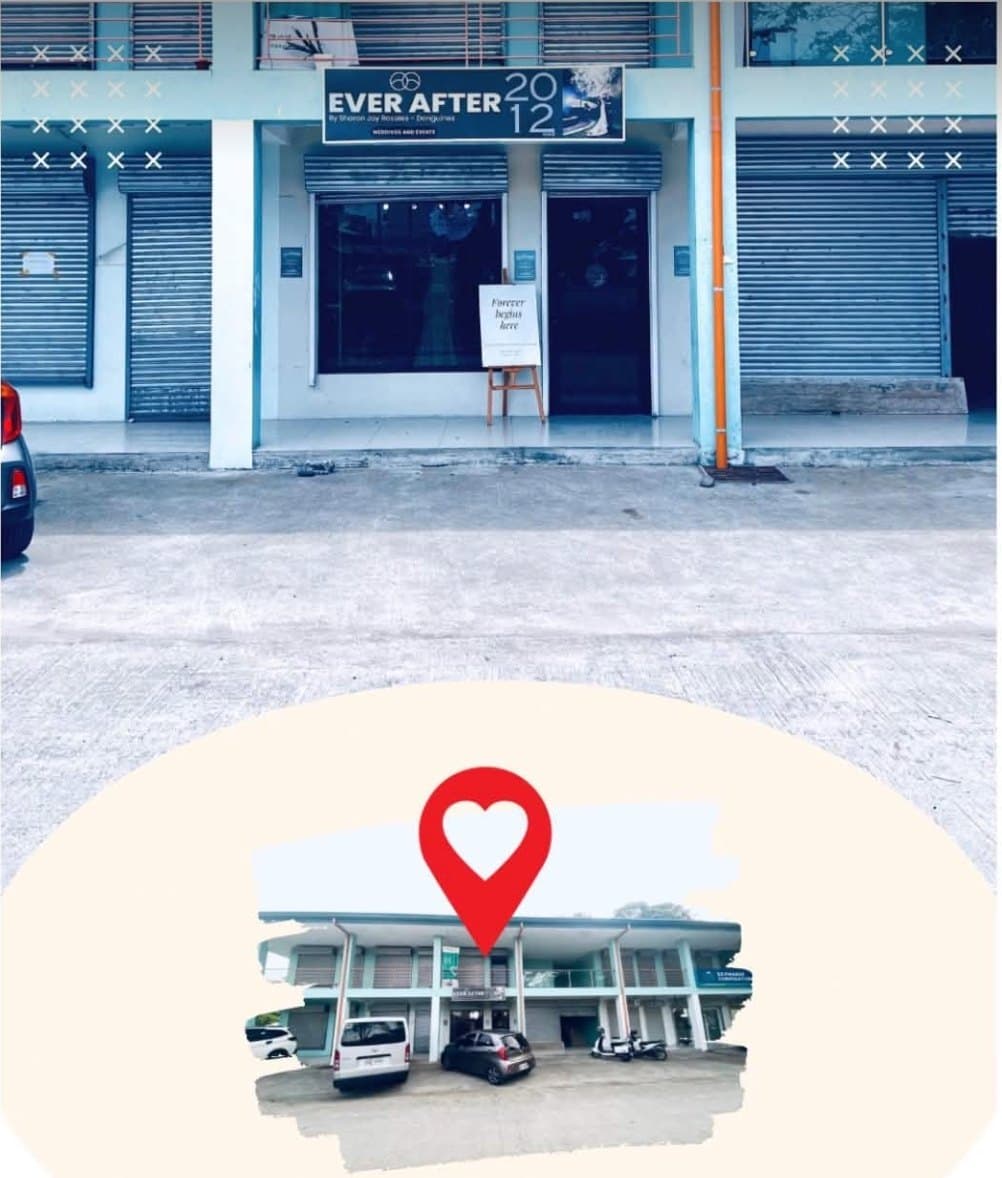 The Ever After storefront on Amatong Road, signage above the door and a Forever begins here easel in the entrance, with a map pin marking the building