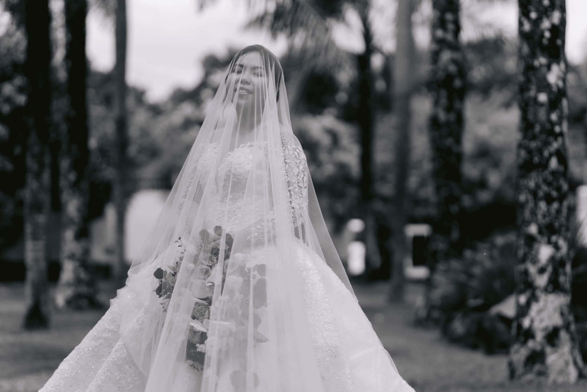 A bride in a beaded lace gown beneath her veil